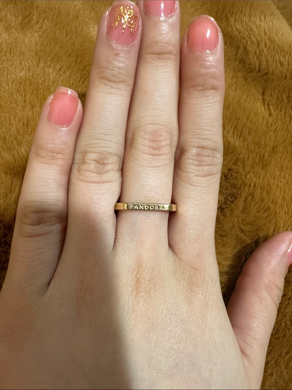 Pandora Gold Logo Slim Band Ring with Pink Nails